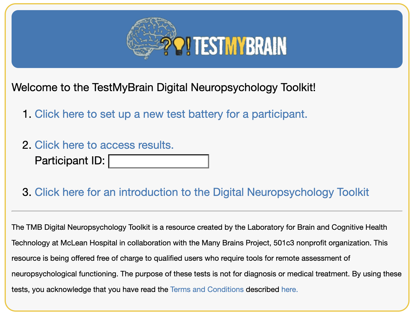 The landing page of the TMB Neuropsych Toolkit